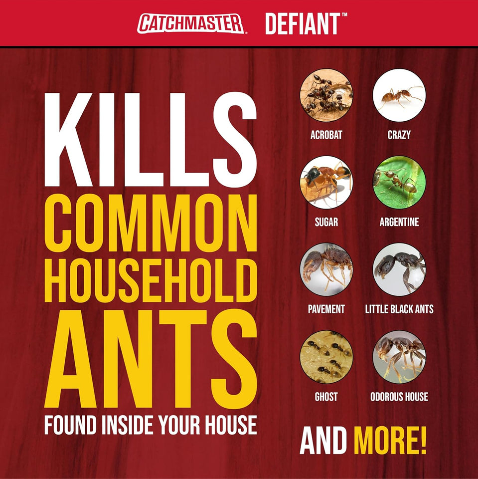 Catchmaster DEFIANT Premium Liquid Ant Killer, 1-Year Supply, Kills the Queen and Colony, No Mess Precision Bottle, Reusable Ant Traps Indoor & Outdoor, Pest Control Traps, Made in USA