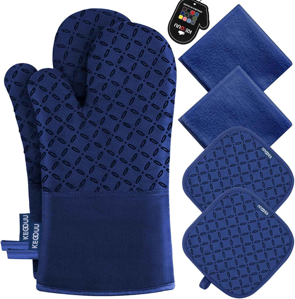 KEGOUU Oven Mitts and Pot Holders 6pcs Set, Kitchen Oven Glove High Heat Resistant 500 Degree Extra Long Oven Mitts and Potholder with Non-Slip Silicone Surface for Cooking (Grey)