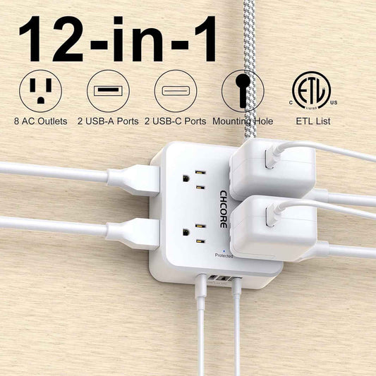Surge Protector Power Strip - CHCORE 5Ft Braided Extension Cord with 8 Outlets with 4 USB (2 USB C) Charging Ports, Flat Plug Multi Plug Outlet Extender Charging Station for Home Office, ETL, White