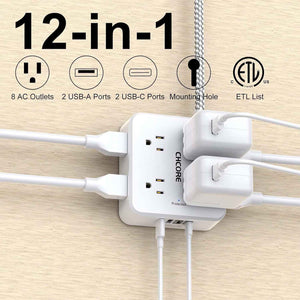CHCORE 5Ft braided extension cord surge protector with 8 outlets and 4 usb charging ports, 2 usb c, flat plug, white