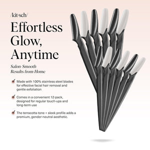 Kitsch Dermaplane Razor for Women Face – Face Razors for Women & Men, Eye Brow Razors & Face Shaver – Exfoliating Facial Razor & Dermaplaner as Skin Care Tool for Smoother Skin - Black, 12 pcs