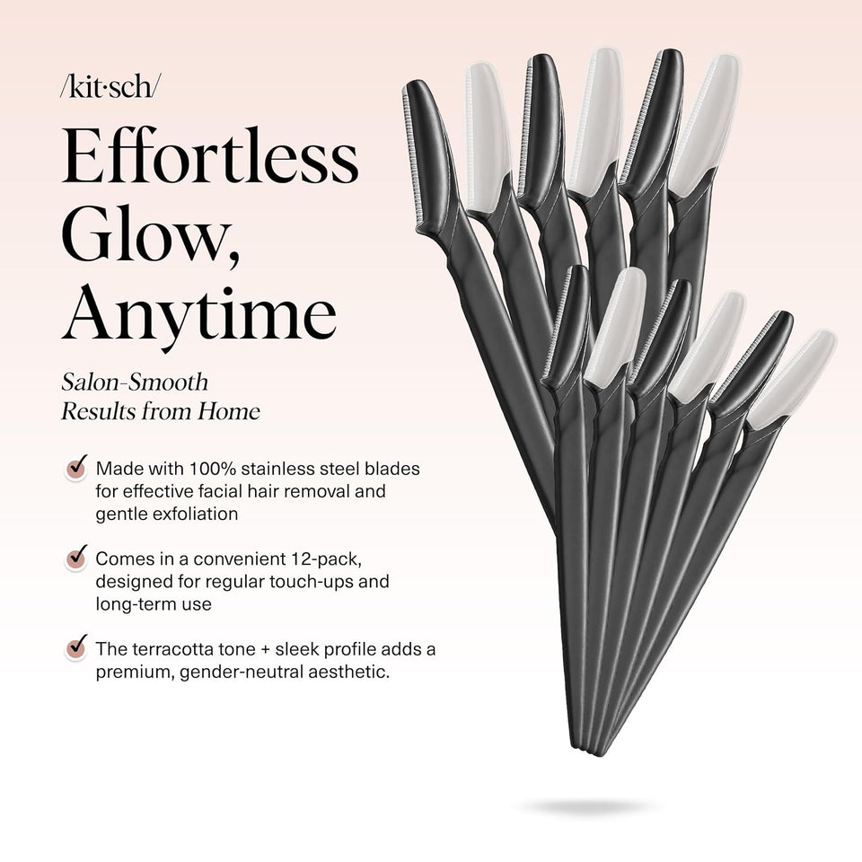 Kitsch Dermaplane Razor for Women Face – Face Razors for Women & Men, Eye Brow Razors & Face Shaver – Exfoliating Facial Razor & Dermaplaner as Skin Care Tool for Smoother Skin - Black, 12 pcs