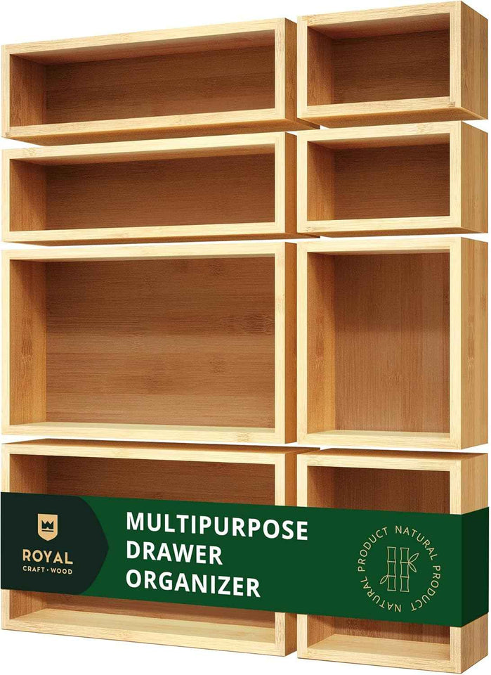 ROYAL CRAFT WOOD 5-Piece Bamboo Drawer Organizer Set – Multi-Use Storage Trays for Kitchen, Bathroom, Office, Makeup, Jewelry & More – Junk Drawer Tray, Utensil Holder, Storage Box & Bin Set (5 Boxes)