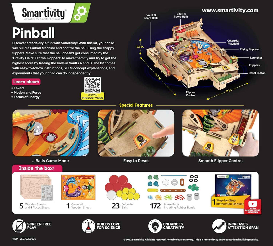 Smartivity DIY Pinball Machine for Kids 8-14 Years Old | Global Award Winning Arcade Game | Build Your Own Pinball I Birthday Gift for Smart Kids | STEM Toy for Boys & Girls
