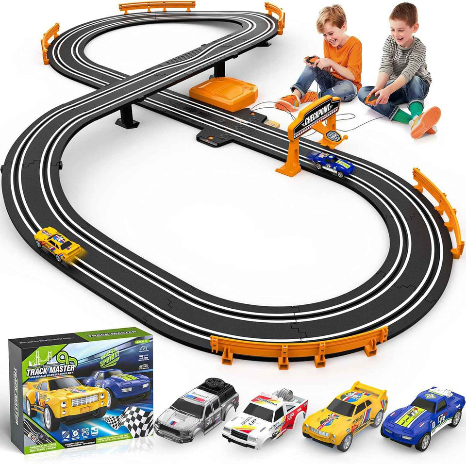 slot car race track set, 2 high-speed cars, battery or electric, dual racing game, lap counter, toys for kids