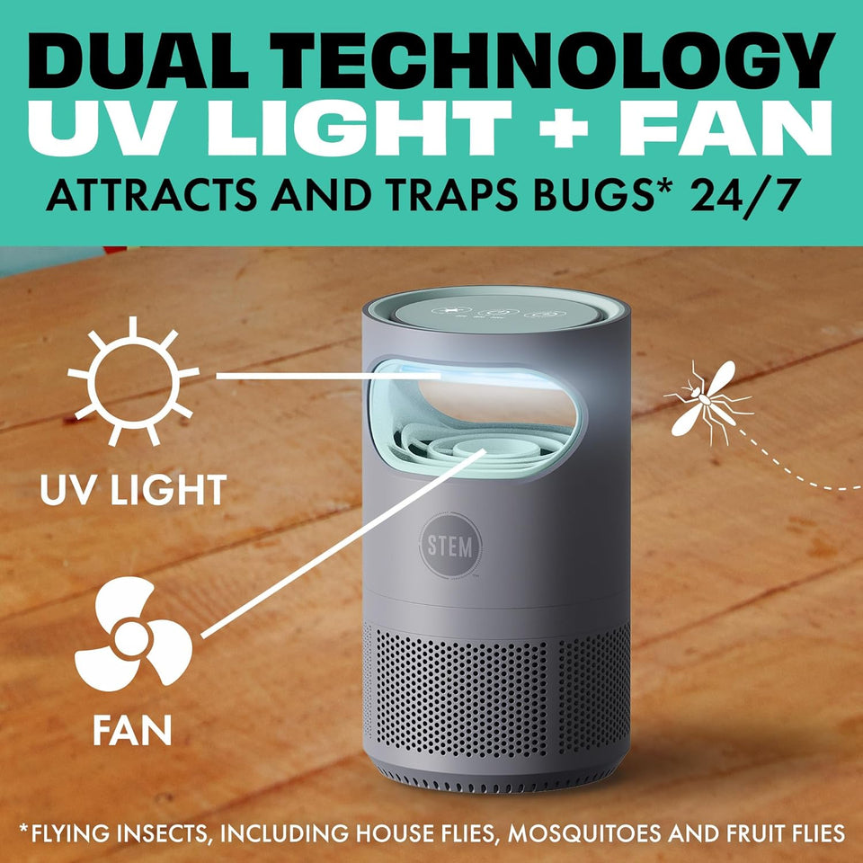 STEM Flying Insect Fan Trap for Indoor Bug Control, Attracts Mosquitoes, Fruit Flies, and House Flies, Plug-in Fan with UV Light, Starter Kit Includes 1 Device and 5 Glue Traps