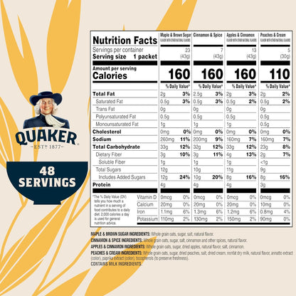 Quaker Instant Oatmeal, 4 Flavor Variety Pack, Individual Packets, 48 Count