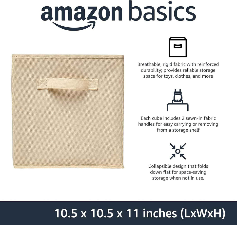 Collapsible Fabric Storage Cubes with Handles, Beige, 10.5 x 10.5 x 11-inch, Pack of 6