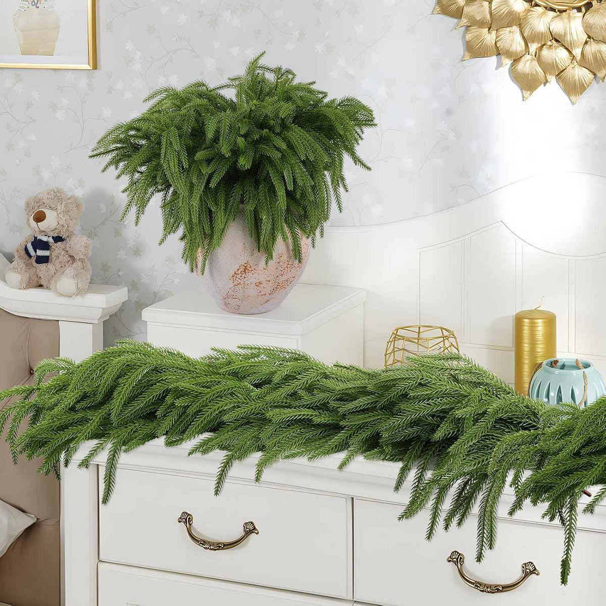 12 Pcs Artificial Norfolk Pine Branches, Norfolk Pine Artificial Pine Stems DIY Crafts Faux Christmas Greenary Norfolk Pine Branches for Xmas Wreath Garland Home Decor (12)