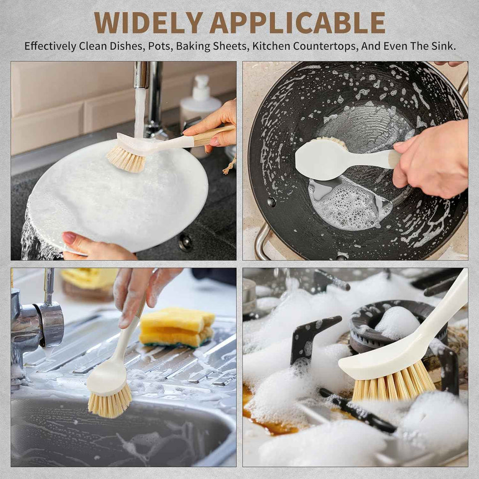 Dish Brush with Built-in Scraper - 4 Pack Bamboo Dish Scrubber Brush with Handle, Kitchen Brushes for Dishes & Pots, Sink, Eco Cleaning Tool Set