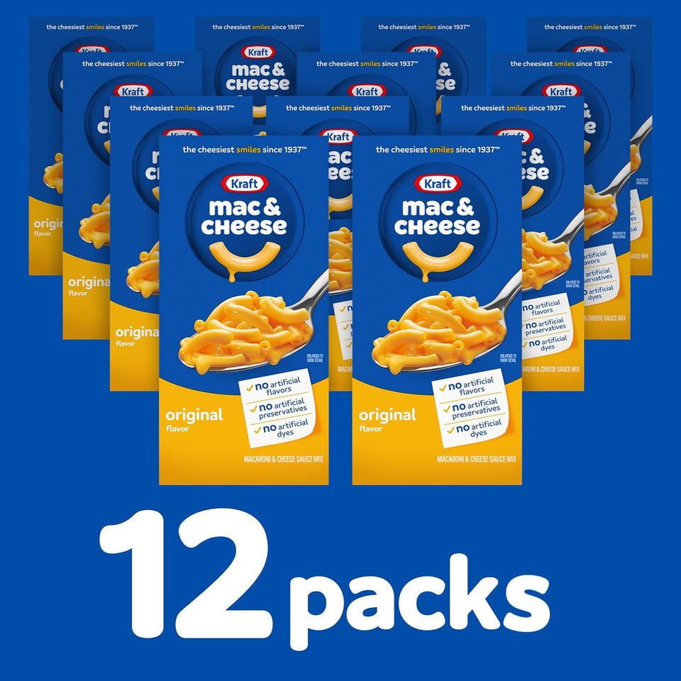 kraft original mac and cheese, 12 boxes, no artificial flavors, 7.25 oz boxes for easy dinner or sides
