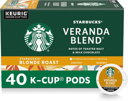Starbucks K-Cup Coffee Pods, Starbucks Blonde Roast Hot or Iced Coffee, Veranda Blend, 40 Keurig Pods