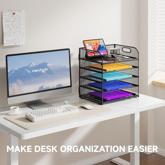 5 Tier Paper Organizer with Handle, Metal Mesh Desk Organizer File Folder Paper Letter Tray Desktop Document Sorter for Classroom, School, Office Accessories Organization and Storage - Black