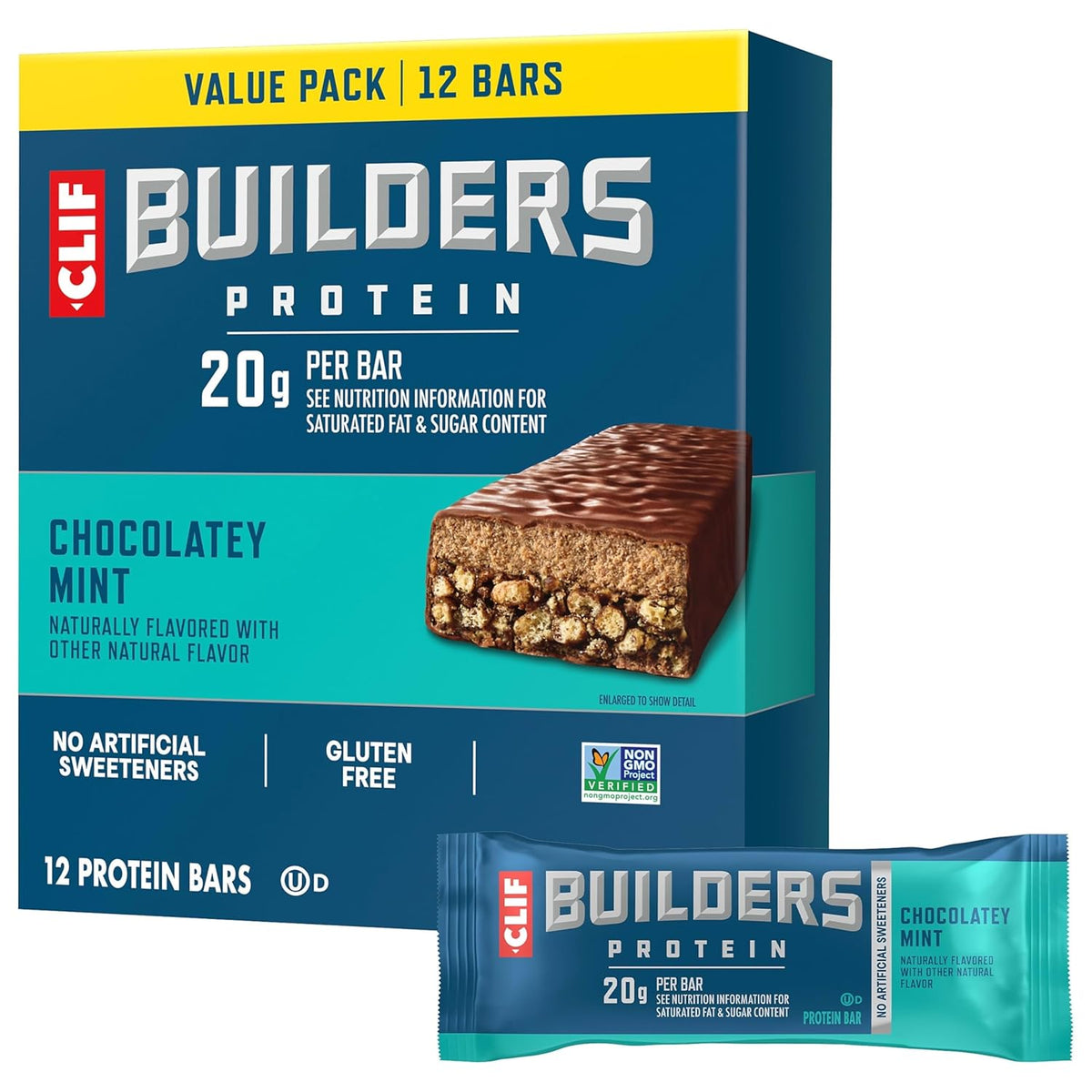 CLIF BUILDERS Protein Bars - Chocolatey Mint - 20g Plant Based Protein - Gluten Free - Non-GMO - Low Glycemic - No Artificial Sweeteners - 2.4 oz. (12 Pack)