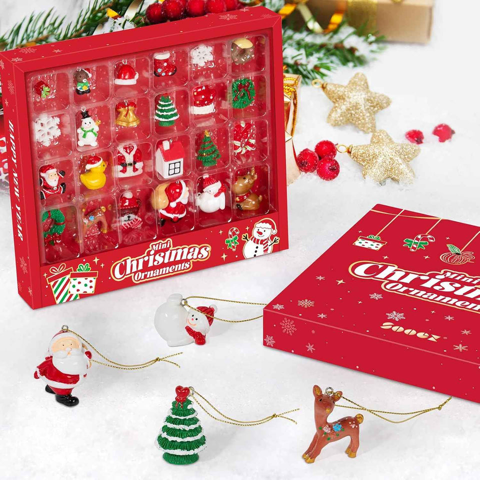 Mini Christmas Ornaments, Sooez Set of 24 Cute Miniature Resin Christmas Tree Ornament Figures Advent Calendar Fillers, Durable & Well-Crafted 3-D Figurines with Gold Loops for Easy Hanging