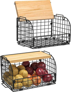 2 Set Stackable Wire Basket with Openable Top, Kitchen Counter, Pantry Organizer and Storage Produce Onion Potato Fruits Vegs Bread Food Snack Spice Organizing Bin for Cabinet Shelf Countertop Floor