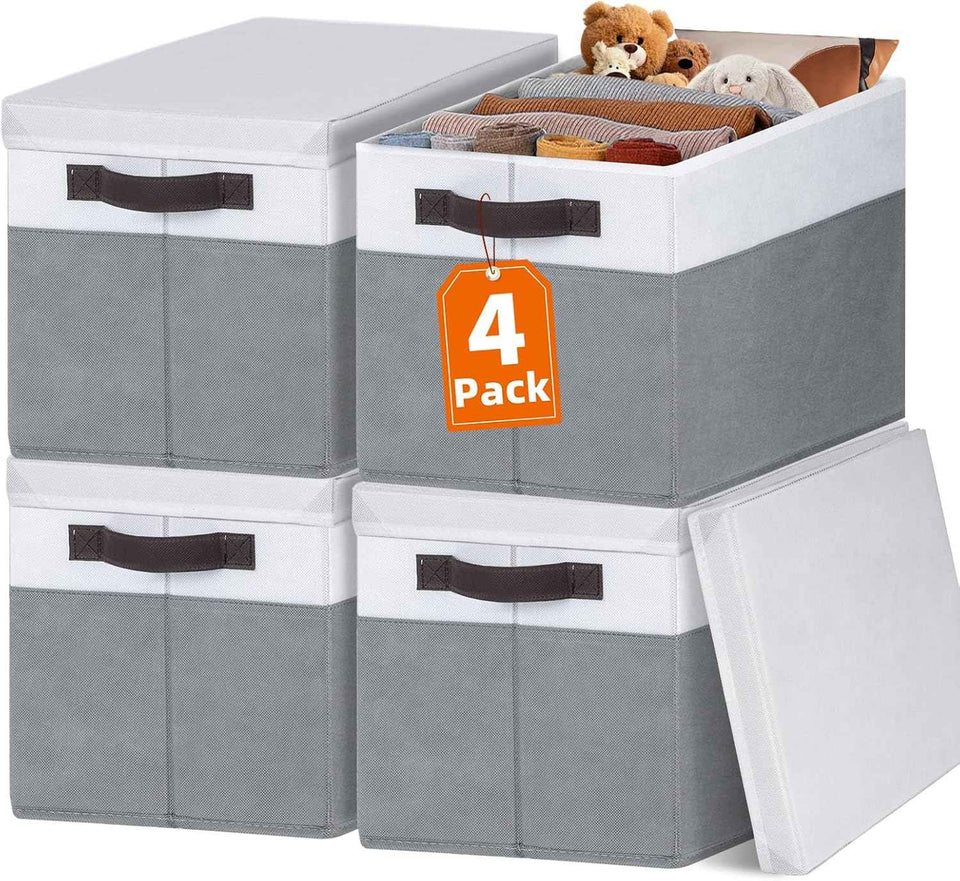 Large Closet Storage Baskets Bins with Lids - 4 Pack, Organizing Shelves, Nursery, Bedroom, Home, Dorm, Stackable Cubes for Clothes, Toys, Blankets, Books