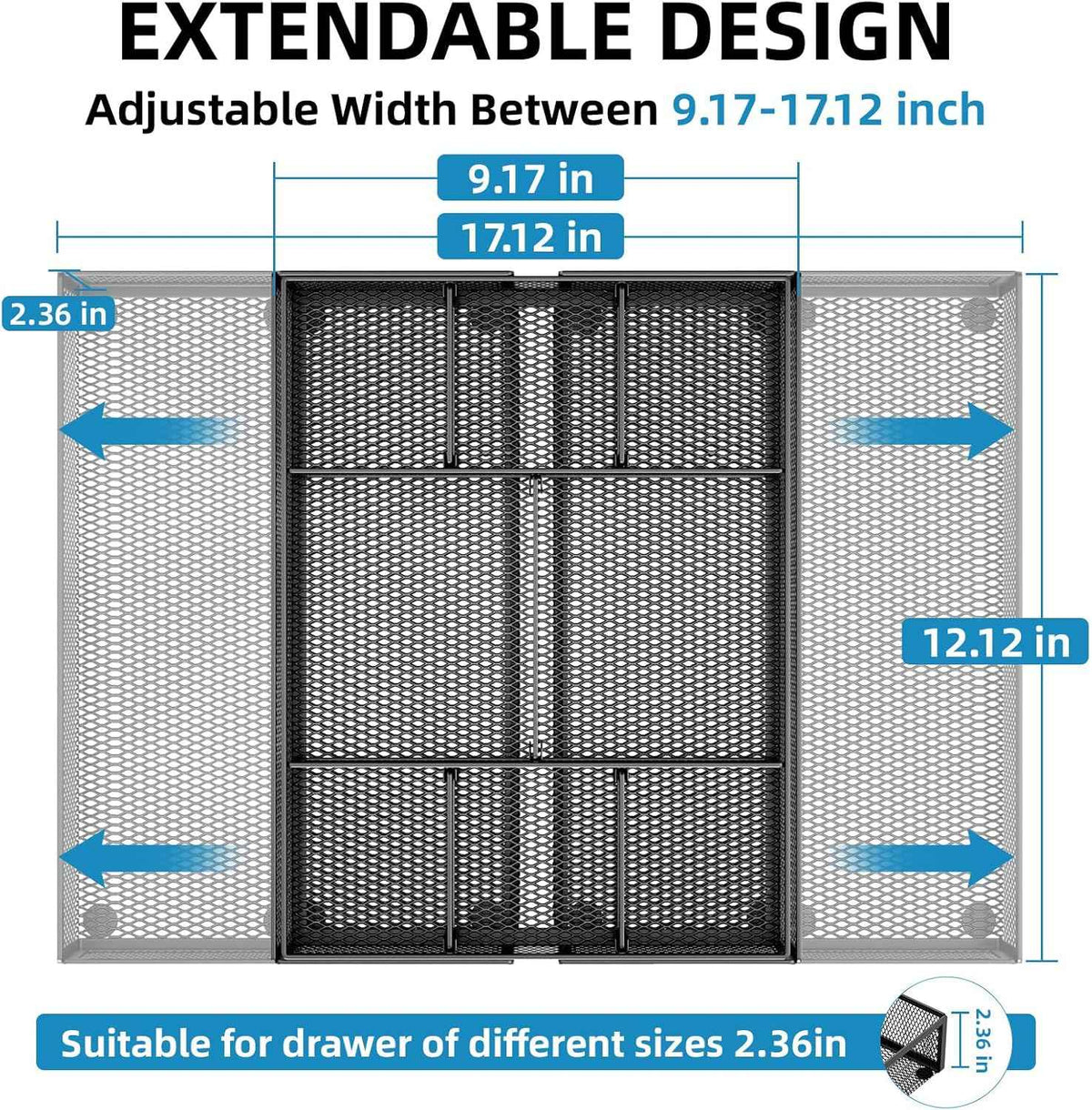 Marbrasse Expandable Desk Drawer Organizer, Mesh Drawer Organizer Tray with 10 Adjustable Compartments, Desk Organizers and Accessories, 5 Dividers Drawer for Office Supplies, Makeup & Vanity (Black)