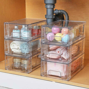 Vtopmart 4 Pack Stackable Storage Drawers, Clear Acrylic Drawer Organizers with Handles for Fridge, Bathroom, Kitchen, Undersink, Cabinet, Pantry