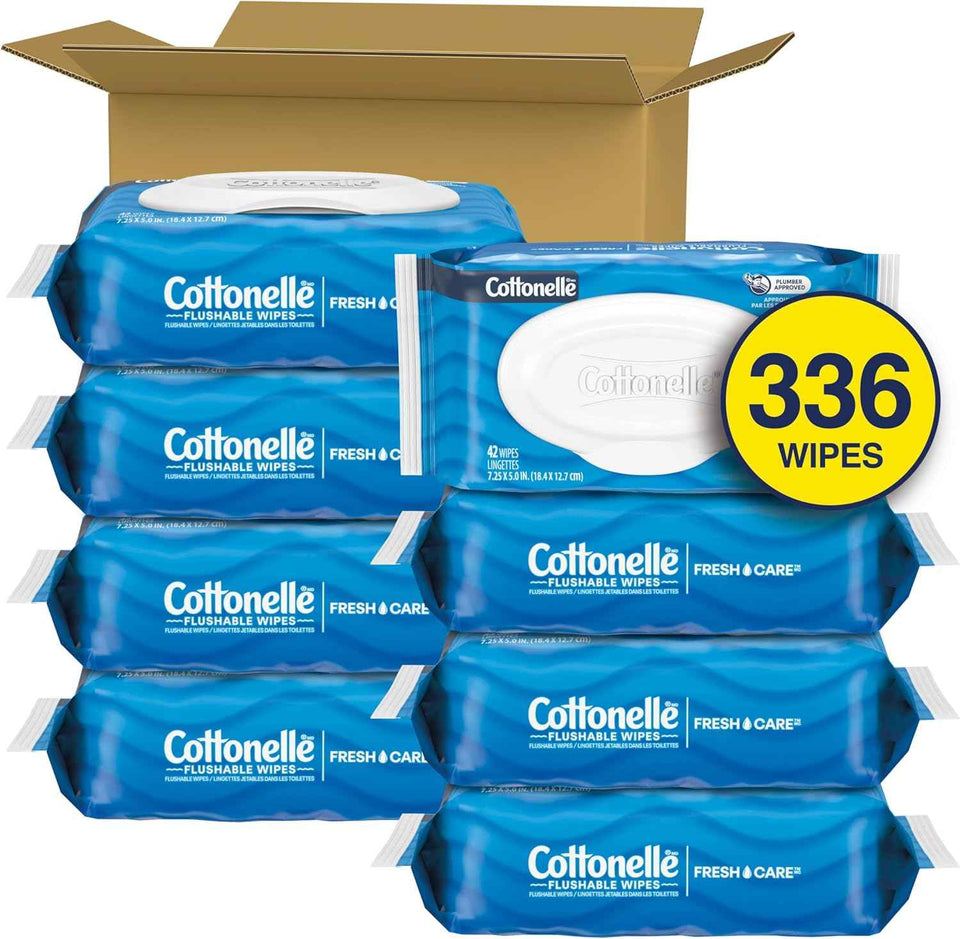 Cottonelle Fresh Feel Flushable Adult Wet Wipes, 8 Flip-Top Packs, 100% Flushable, Septic-Safe, 100% Residue Removal, 3x Cleaning Power