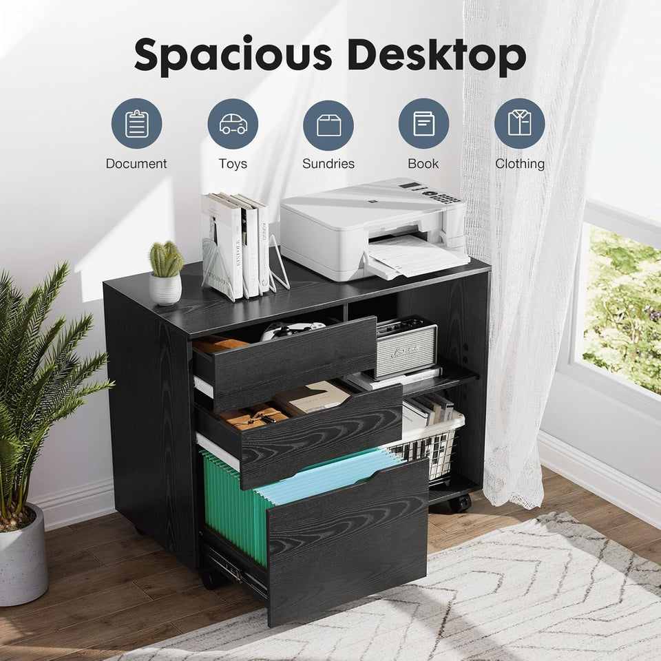 DUMOS Lateral File Cabinet with 3 Drawers Rolling Filing Cabinets Under Desk Storage Printer Stand Wood Organizer with Wheels Adjustable Shelf for Office Home Small Space, Black