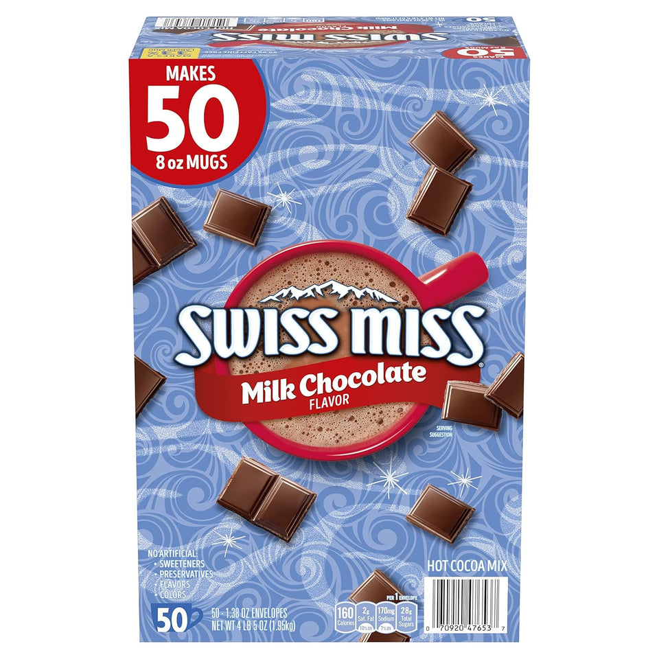 Swiss Miss milk chocolate hot cocoa mix, 1.38 oz, 50-count, bulk, packaging dimensions 13x18.5x29 cm, 4.8 pounds