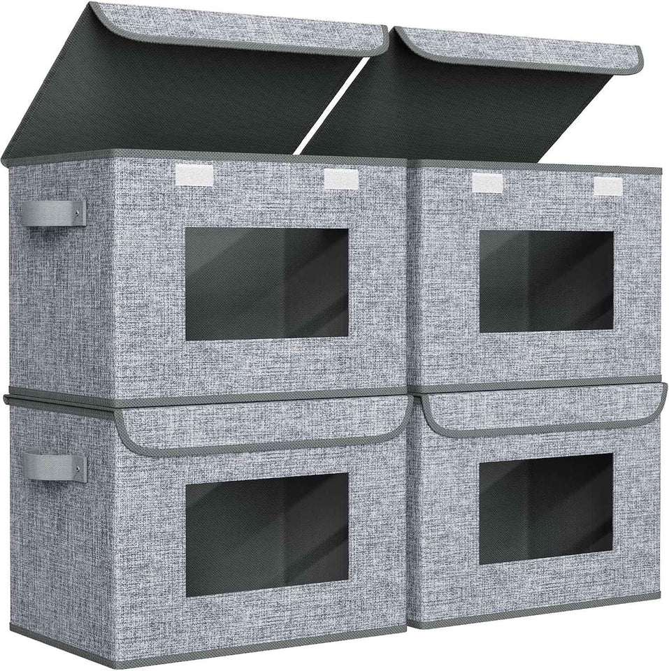 Univivi Fabric Foldable Storage Boxes [4-Pack] Large Collapsible Stackable Storage Bins with Lids, Closet Organizers and Storage Cube Basket for Home, Office, Bedroom (Gray, 17“ x 12” x 12")