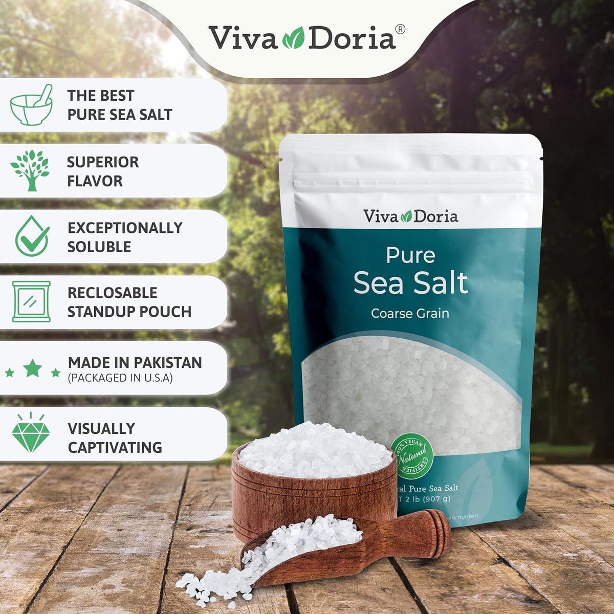 Viva Doria Pure Sea Salt, Coarse Grain, 2 lb | Ideal For Salt Grinders