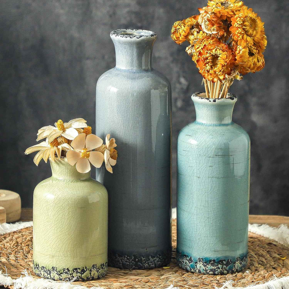 Ceramic Vase Set of 3, Neutral Flower Vases Home Decor, Pottery Rustic Farmhouse Decorative Vases Modern Decor for Table Mantel Entryway Bookshelf Living Room Kitchen Bedroom - Brown