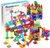 PicassoTiles 100pc Magnetic Marble Run Set with Racing Track Tiles Funnels Curved Slopes and Steel Balls for Kids STEM Construction Indoor Learning Toy that Promotes Focus and Problem Solving PTG100