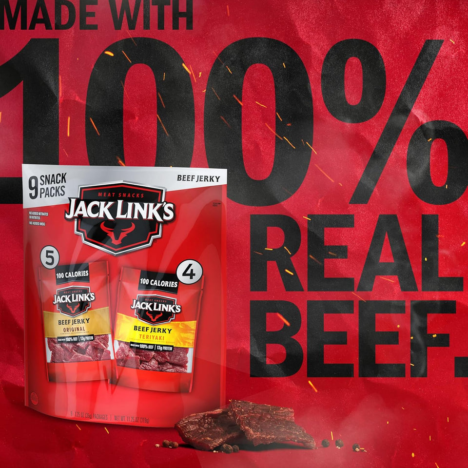 Jack Link's Beef Jerky Variety Pack - Original and Teriyaki - (9 Pack) 1.25 oz Bag - Ready to Eat Protein Snacks - 13g Protein per Serving - Made with 100% Real Beef