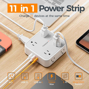 TESSAN 5 Ft flat plug extension cord with 3 USB, 8 outlets, 900J surge protection for office, dorm room essentials