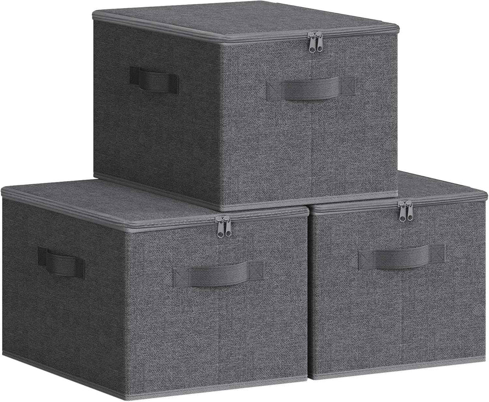 SONGMICS Foldable Storage Organizer Boxes, Set of 3 Storage Basket Bins with Lids, Handles, Clothes Organizer, 15.7 x 11.8 x 9.8 Inches, Non-Woven Fabric, Summer Sand URZB003K01
