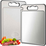 Double Sided 304 Stainless Steel & Wheat Straw Cutting Board, 14.4"*9.8" Non Toxic Chopping Board, Separately Handle Meat and Vegetables, Dishwasher Safe, Scratch Resistant Mesh Design