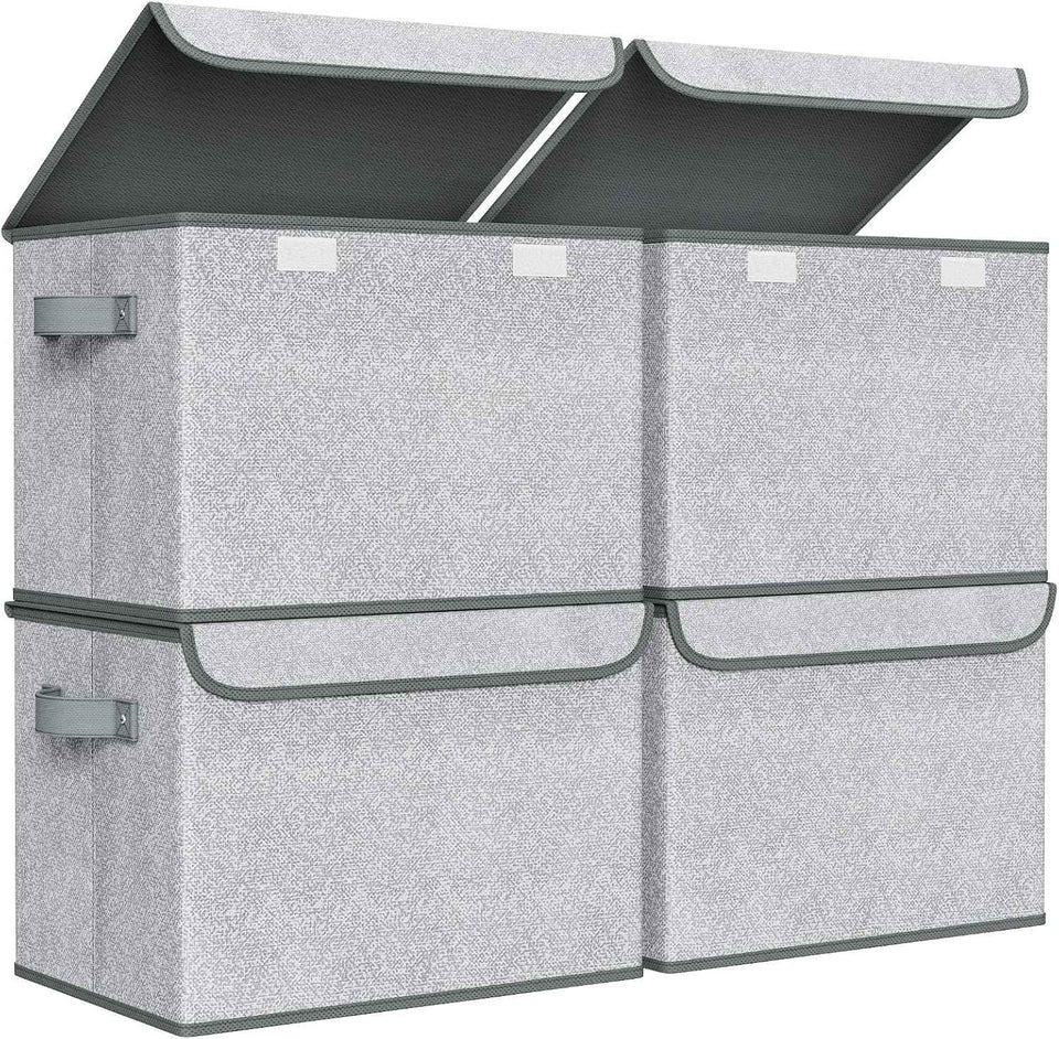 Univivi Fabric Foldable Storage Boxes [4-Pack] Large Collapsible Stackable Storage Bins with Lids, Closet Organizers and Storage Cube Basket for Home, Office, Bedroom (Gray, 17“ x 12” x 12")