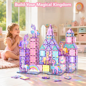 GobiDex 100PCS Unicorn Magnetic Tiles with 6 Unicorns, Princess Castle Unicorn Toys for Girls Age 4-6, Magnetic Building Blocks Toys for 3 4 5 Year Old Girl Birthday Gifts