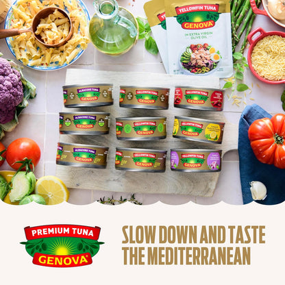 Genova Premium Yellowfin Tuna in Olive Oil, 5 Ounce Cans, 8-Pack – Nutrient Rich, High Protein Canned Tuna Fish - Delicious, Easy, Nutritious Ready to Eat Meals