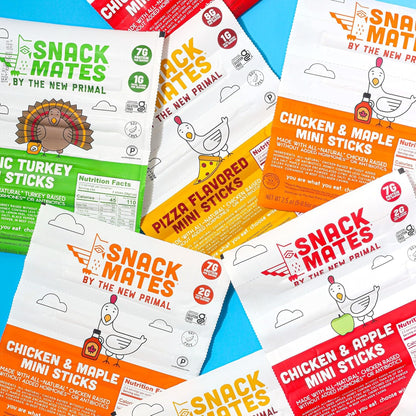 The New Primal Snack Mates Chicken & Maple Sticks, Gluten Free Healthy Snacks for Kids, Low Sugar High Protein Back to School Snacks, Mini Paleo Jerky Meat Stick, 5g Protein, 35 Calories, 15 Pack