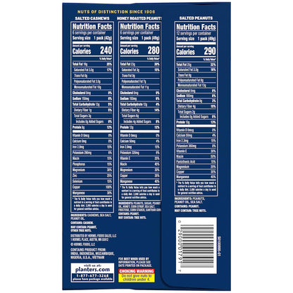 PLANTERS Variety Pack, Salted Cashews, Salted Peanuts & Honey Roasted Peanuts, On-the-Go Nut Snacks, Individually Packed Snacks, Mixed Nuts, Kosher, (36 Count)