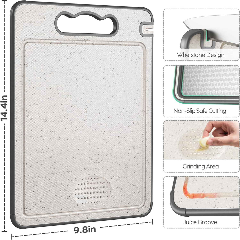 Double Sided 304 Stainless Steel & Wheat Straw Cutting Board, 14.4"*9.8" Non Toxic Chopping Board, Separately Handle Meat and Vegetables, Dishwasher Safe, Scratch Resistant Mesh Design