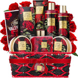 Exotic Rose Valentine Gift Basket for Women, Spa Bath and Body Gift Set with Rose Soaps and Bath Salts