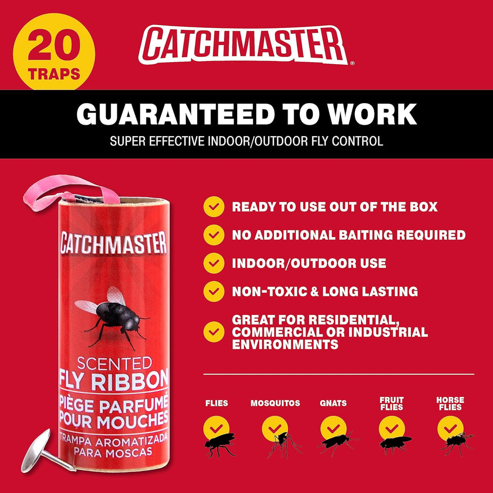 Catchmaster Fly Ribbon 20-Pack, Bug & Fruit Fly Traps Outdoor and Indoor, Premium Adhesive Sticky Strips & Gnat Hanging Strips, Bulk Scented Flying Insect Paper Rolls, Non Toxic Home Pest Control