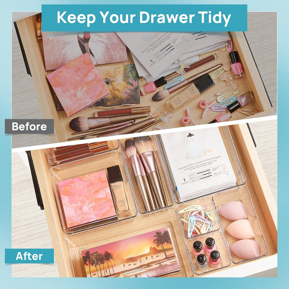 Vtopmart 25-Piece Clear Plastic Drawer Organizer Set – 4 Size Non-Slip Storage Bins for Bathroom, Kitchen, Makeup, Vanity & Office Drawers