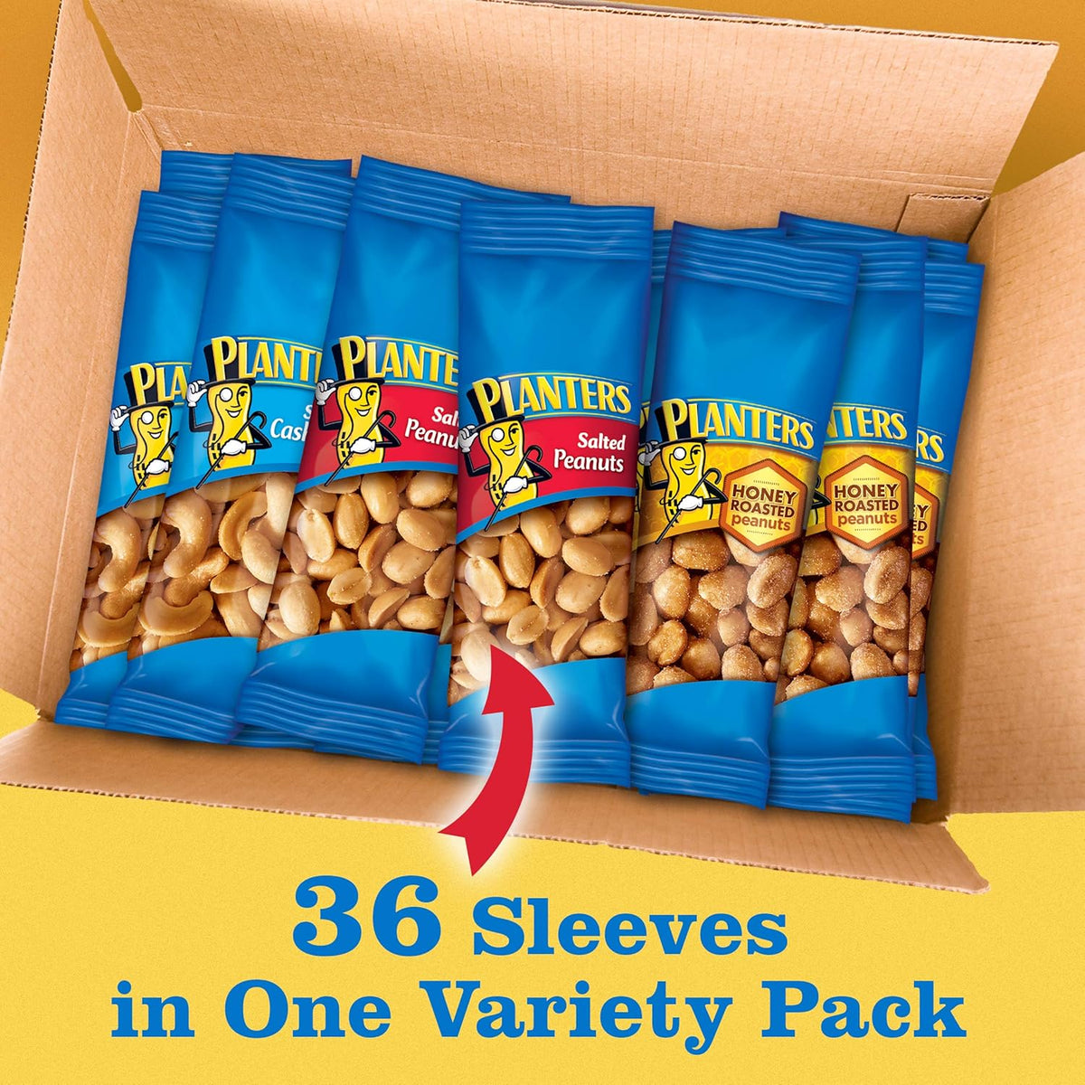 PLANTERS Variety Pack, Salted Cashews, Salted Peanuts & Honey Roasted Peanuts, On-the-Go Nut Snacks, Individually Packed Snacks, Mixed Nuts, Kosher, (36 Count)