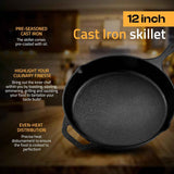 Utopia Kitchen Cast Iron Skillets 12 Inch, Chef's Pan, Pre-Seasoned Frying Pan, Stovetop, Oven, Campfire and Grill Large Skillet, Even Heat Distribution Multipurpose Cast Iron Pan - Black