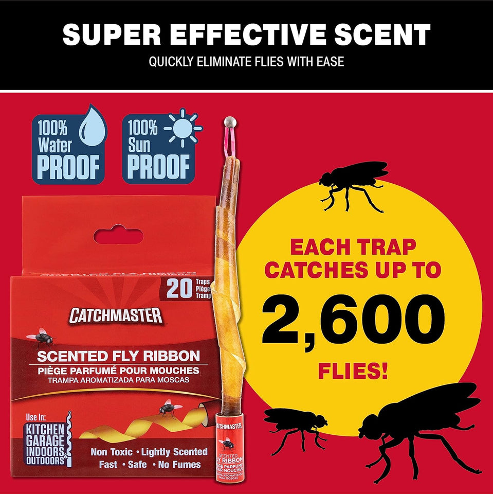 Catchmaster Fly Ribbon 20-Pack, Bug & Fruit Fly Traps Outdoor and Indoor, Premium Adhesive Sticky Strips & Gnat Hanging Strips, Bulk Scented Flying Insect Paper Rolls, Non Toxic Home Pest Control