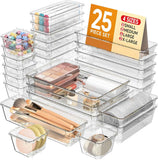 25 PCS Plastic Drawer Organizers Set, 4 Sizes Vanity Organizer, Makeup and Desk Drawer Organizer Trays, Organization and Storage for Makeup, Bathroom, Kitchen Utensils and Office (Black)