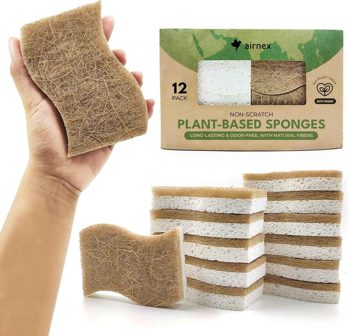Biodegradable Natural Kitchen Sponge - Compostable Cellulose and Coconut Walnut Scrubber Sponge (12 Pack)