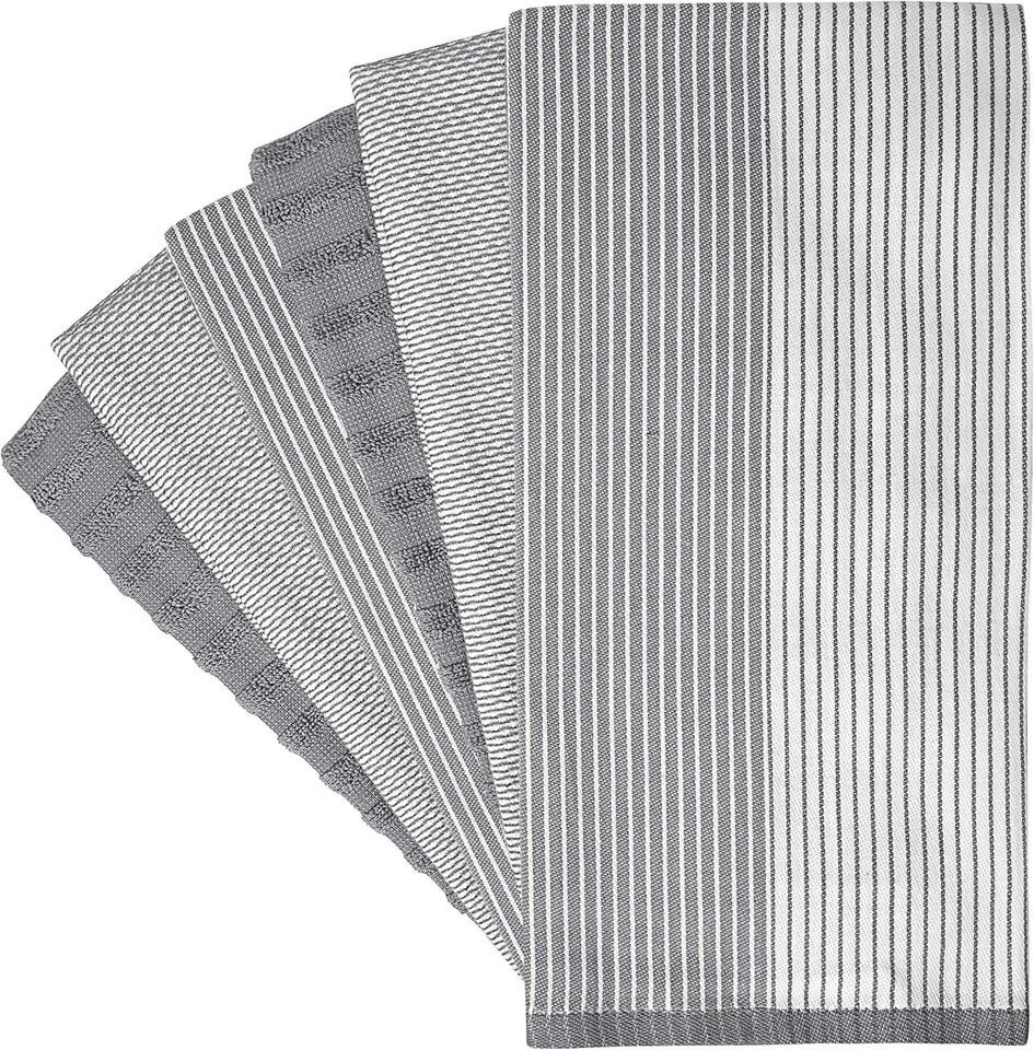 Premium Kitchen Towels (20”x 28”, 6 Pack) | Large Cotton Dish Towels | Flat & Terry Highly Absorbent Kitchen Linen Set with Hanging Loop | Gray
