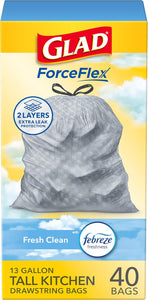glad forceflex tall kitchen trash bags 13 gallon gain fresh clean scented drawstring garbage bags 40 count